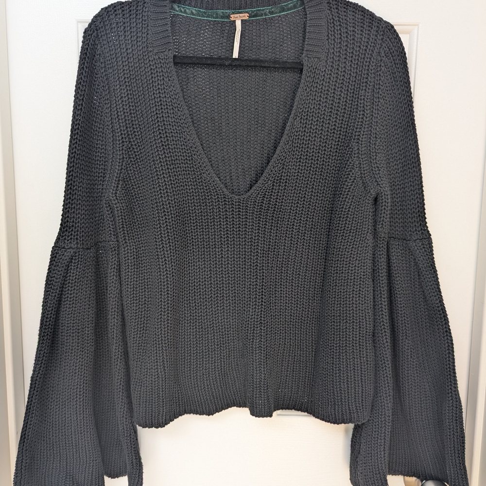 Free People Damsel Black Bell Sleeve Knit Sweater